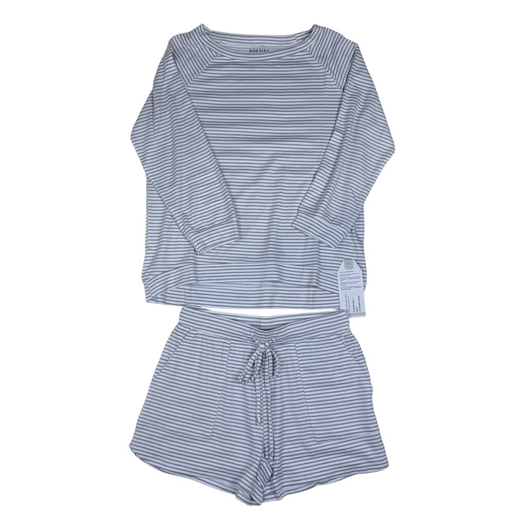 Softies Women's 3/4 Sleeve Boat Neck Top and Short Set Grey Stripe Small